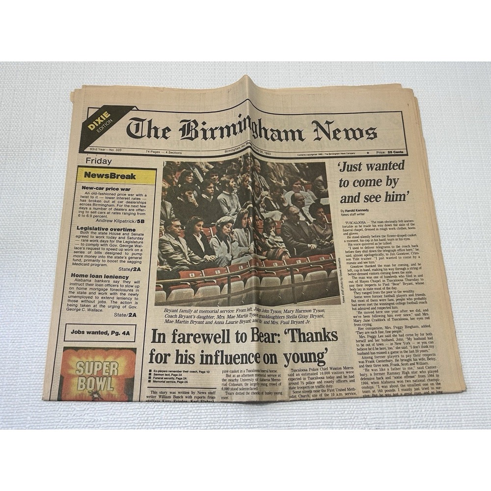 Alabama Football Crimson Tide Newspaper Bear Bryant Death Birmingham Jan 28 1983
